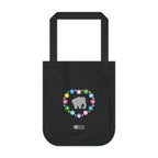 Black canvas tote bag with a printed heart design featuring a gray elephant and colorful flowers on a white background.