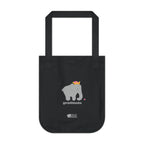 Black canvas tote bag featuring a printed design; a gray elephant and 'gratitude' text with colorful hearts, on a white background.