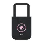 Black canvas tote bag with a pink elephant and text with pink flowers on a white background.