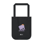 Black canvas tote bag featuring a printed design; a purple elephant, purple 'gratitude' text and colorful hearts on a white background.