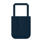 Navy blue canvas tote bag with blank backside on a white background.