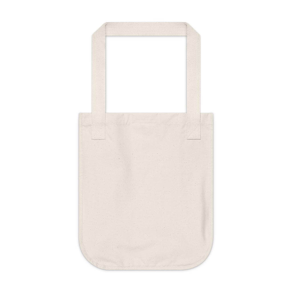 Natural beige canvas tote bag, blank backside on a white background.