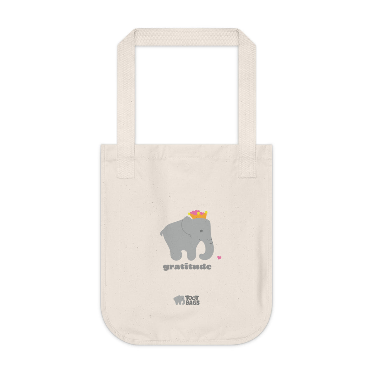 Natural beige canvas tote bag featuring printed design; a gray elephant, gray 'gratitude' text and colorful hearts on a white background.  
