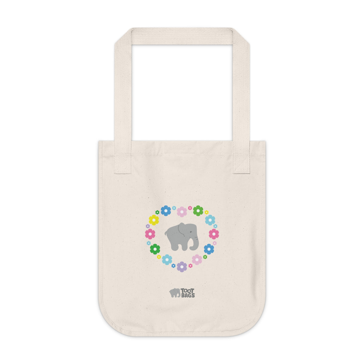 Natural beige canvas tote bag with a printed heart design featuring a gray elephant and colorful flowers on a white background.