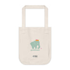 Natural beige canvas tote bag featuring printed design; a matcha color elephant and 'gratitude' text with colorful pink hearts on a white background.