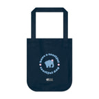 Navy blue organic canvas tote bag with a printed design featuring a blue elephant and 'have a tootiful tootiful day’ text with pink floral design on a white background.
