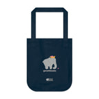 Navy blue canvas tote bag featuring a printed design; a gray elephant, gray 'gratitude' text and colorful hearts on a white background.