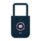 Navy blue canvas tote bag with printed design featuring a pink elephant, 'have a tootiful tootiful day’ text with colorful pink flowers on a white background.