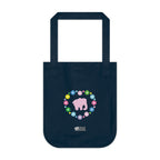 Navy blue organic canvas tote bag with a printed heart design featuring a pink elephant and colorful flowers.