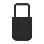 Black canvas tote bag with blank backside on a white background.