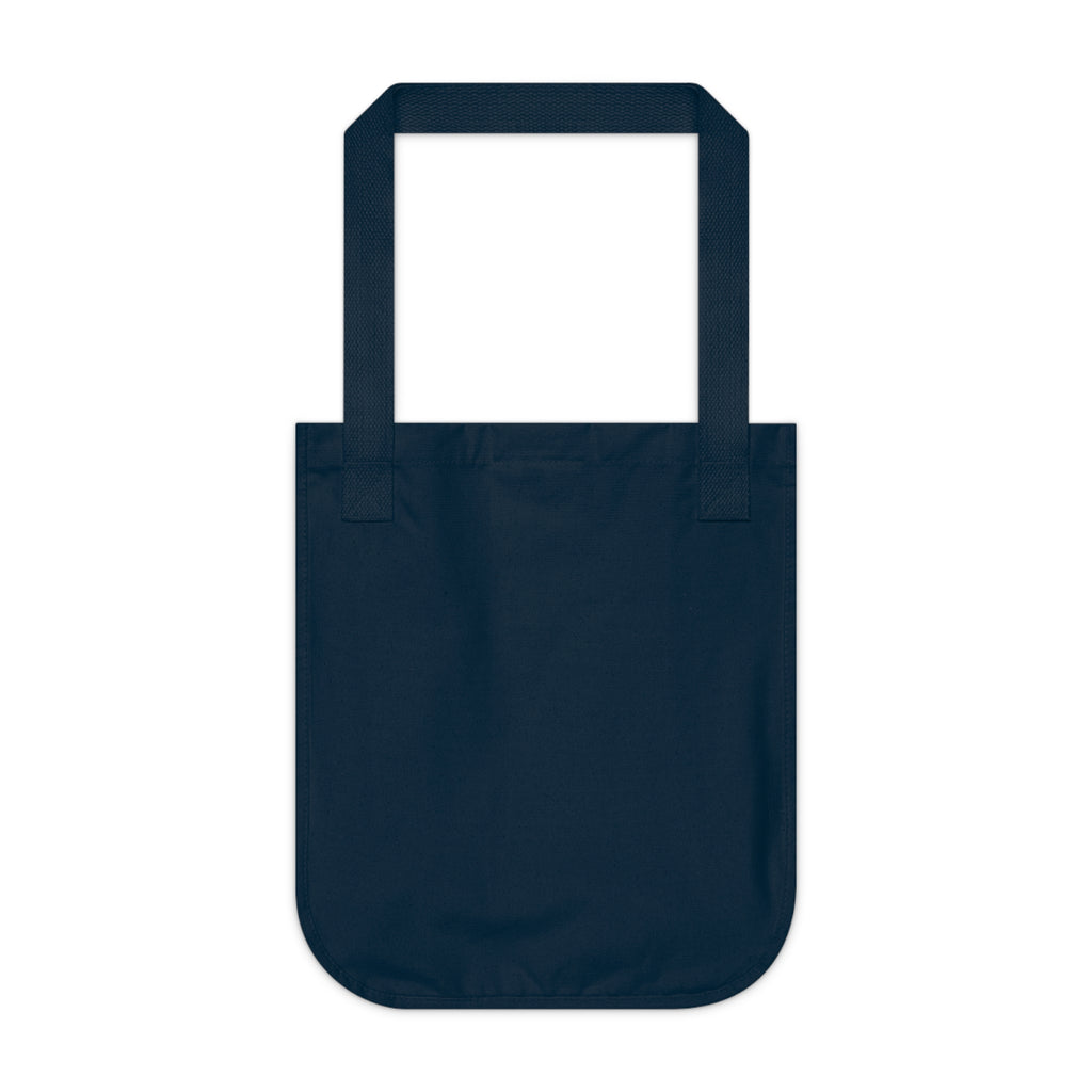 Navy blue canvas tote bag with blank backside on a white background.