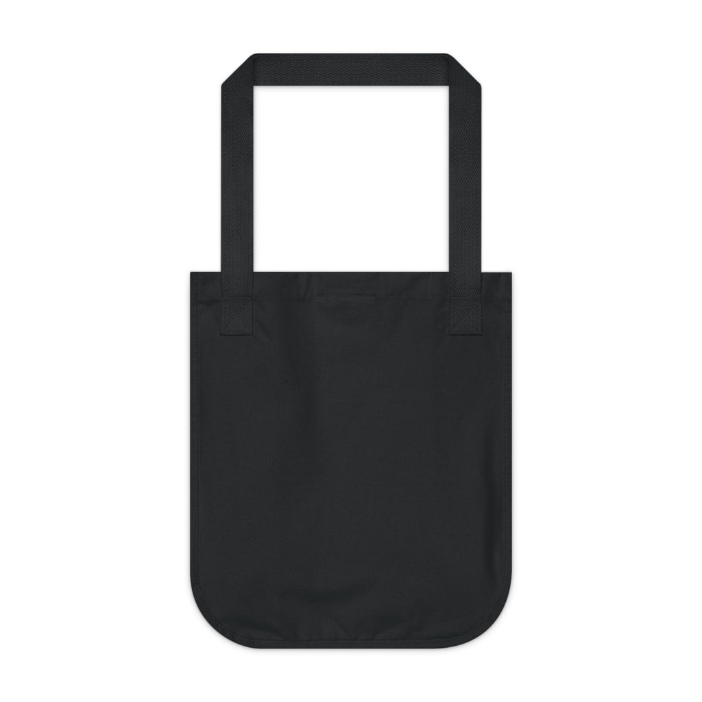 Black canvas tote bag with blank backside on a white background.